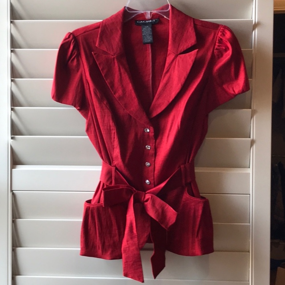 Cachet Red Tie-Waist Short Sleeve Blouse